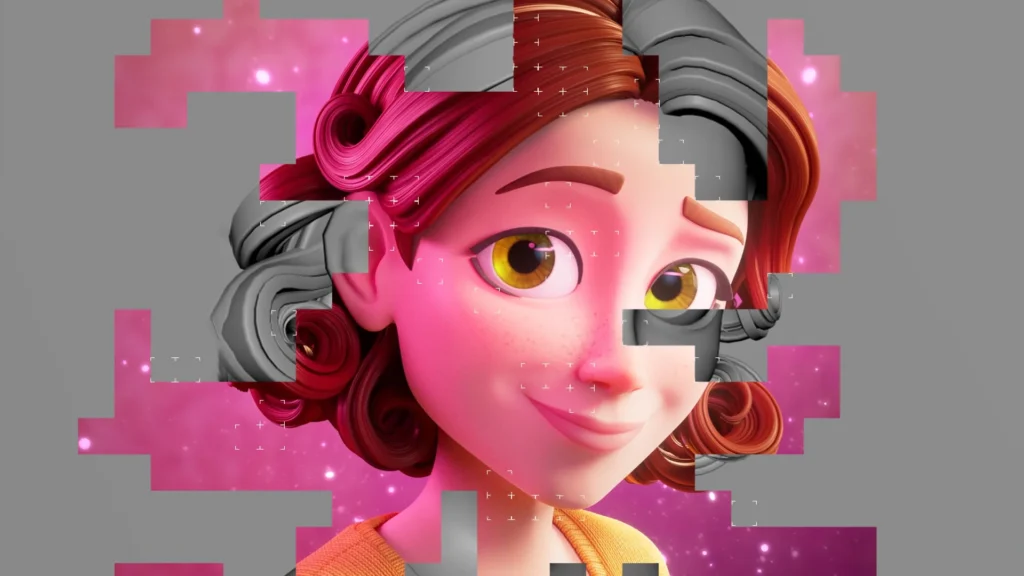 Content image from the Brink Helsinki blog post: Rendering in Animation. The image depicts a rendering process, where a viewport image is rendered "bucket by bucket" to a final image with lighting, materials, shaders, textures, reflections and sub surface scattering.