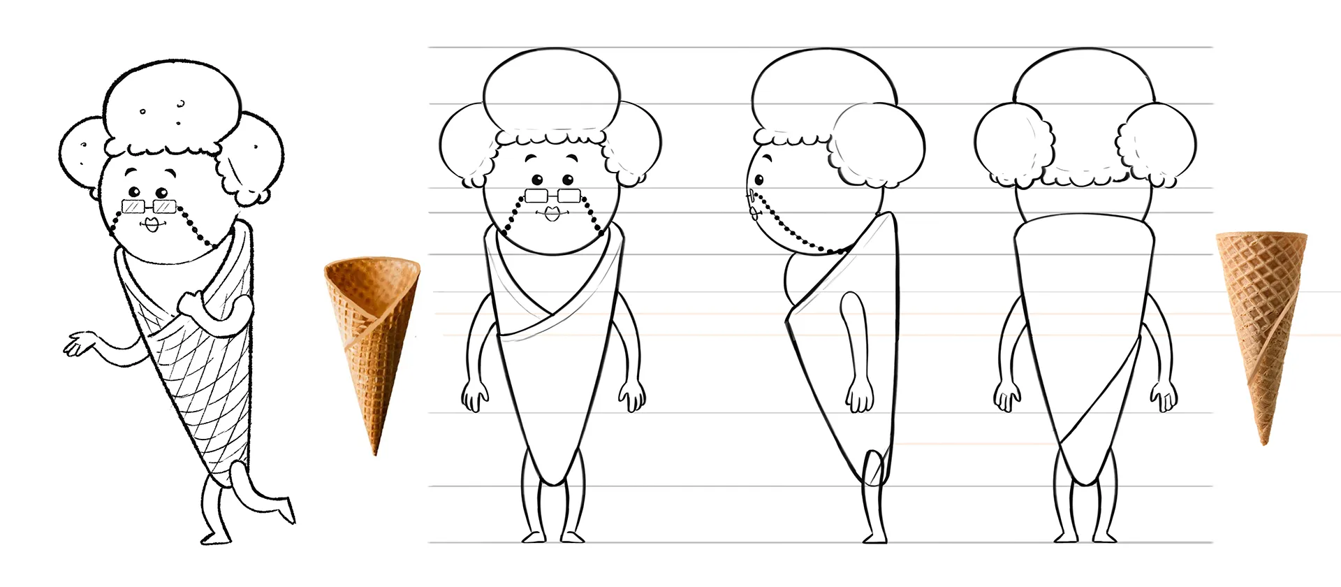 Character turnaround images for the S-Market Ice Creams Animation production.