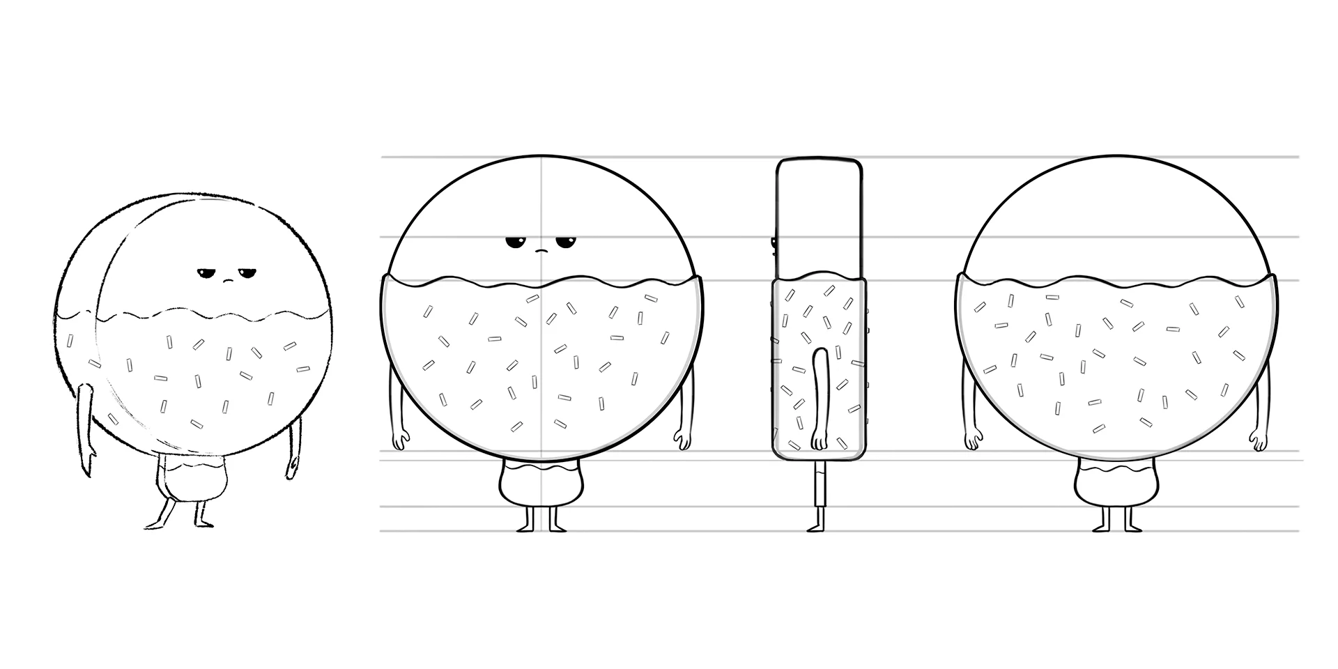 Character turnaround images for the S-Market Ice Creams Animation production.