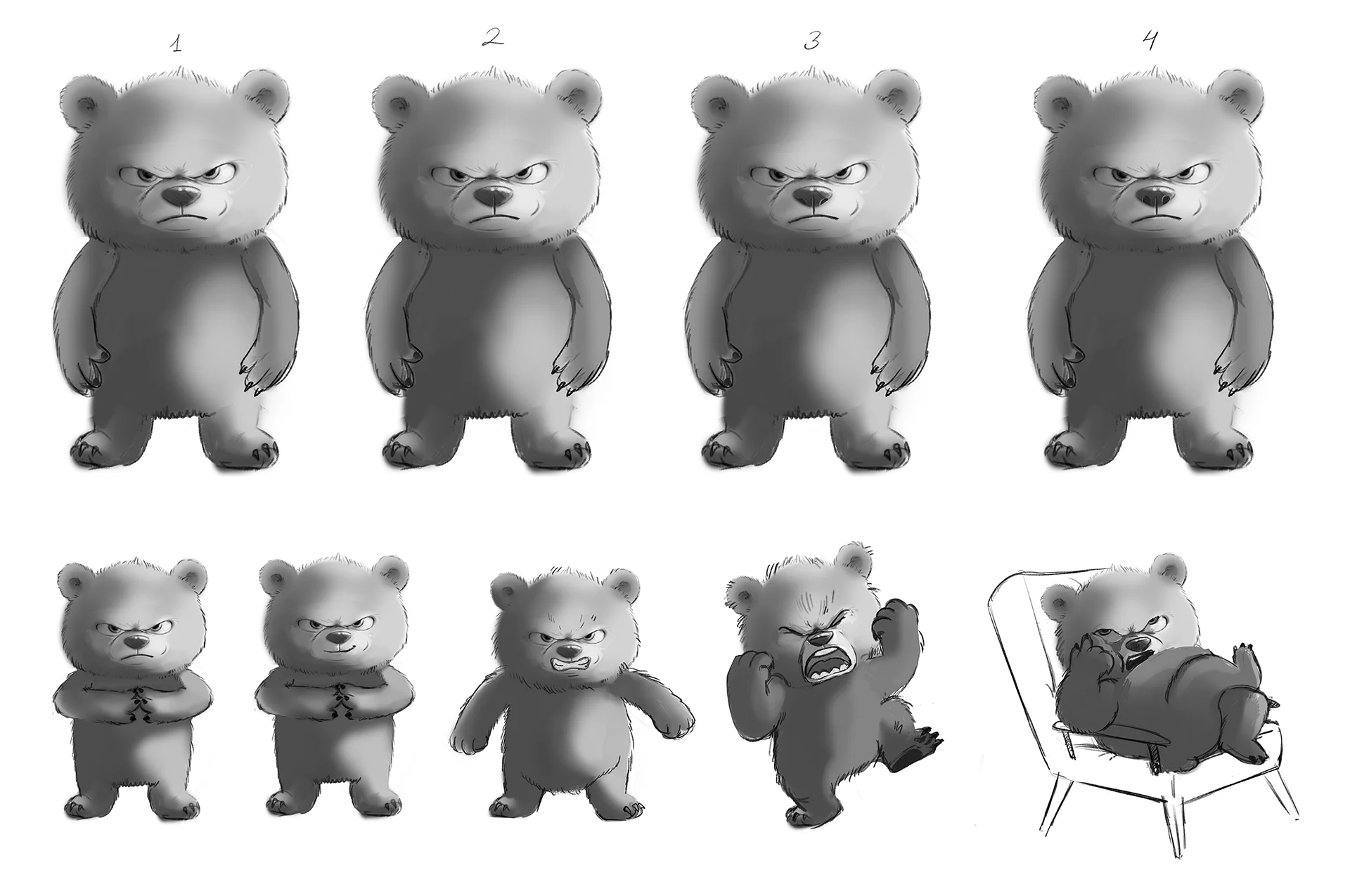 A final character design sheet with expression drawings for Giga Bear - from our case study for 3D Animated Characters.