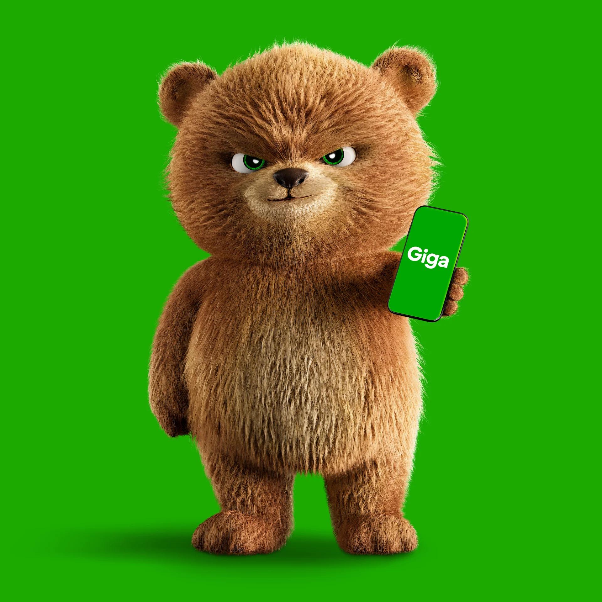 A high resolution still image from the Giga Bear 3D Animated Character production by Brink Helsinki - featuring a furry 3D bear character.
