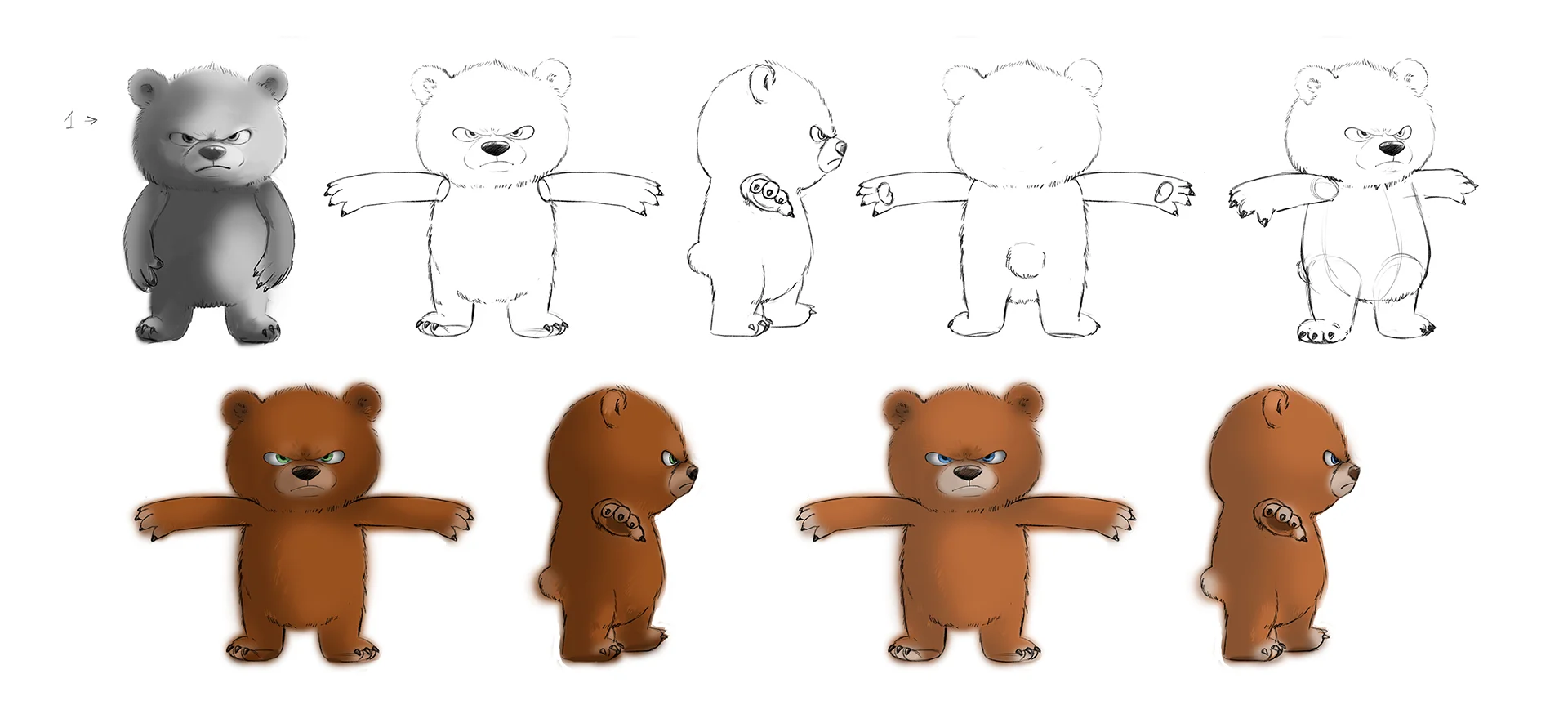 A turnaround drawing sheet, where our Giga Bear character is drawn from multiple angles, to aid in the 3D modelling process.
