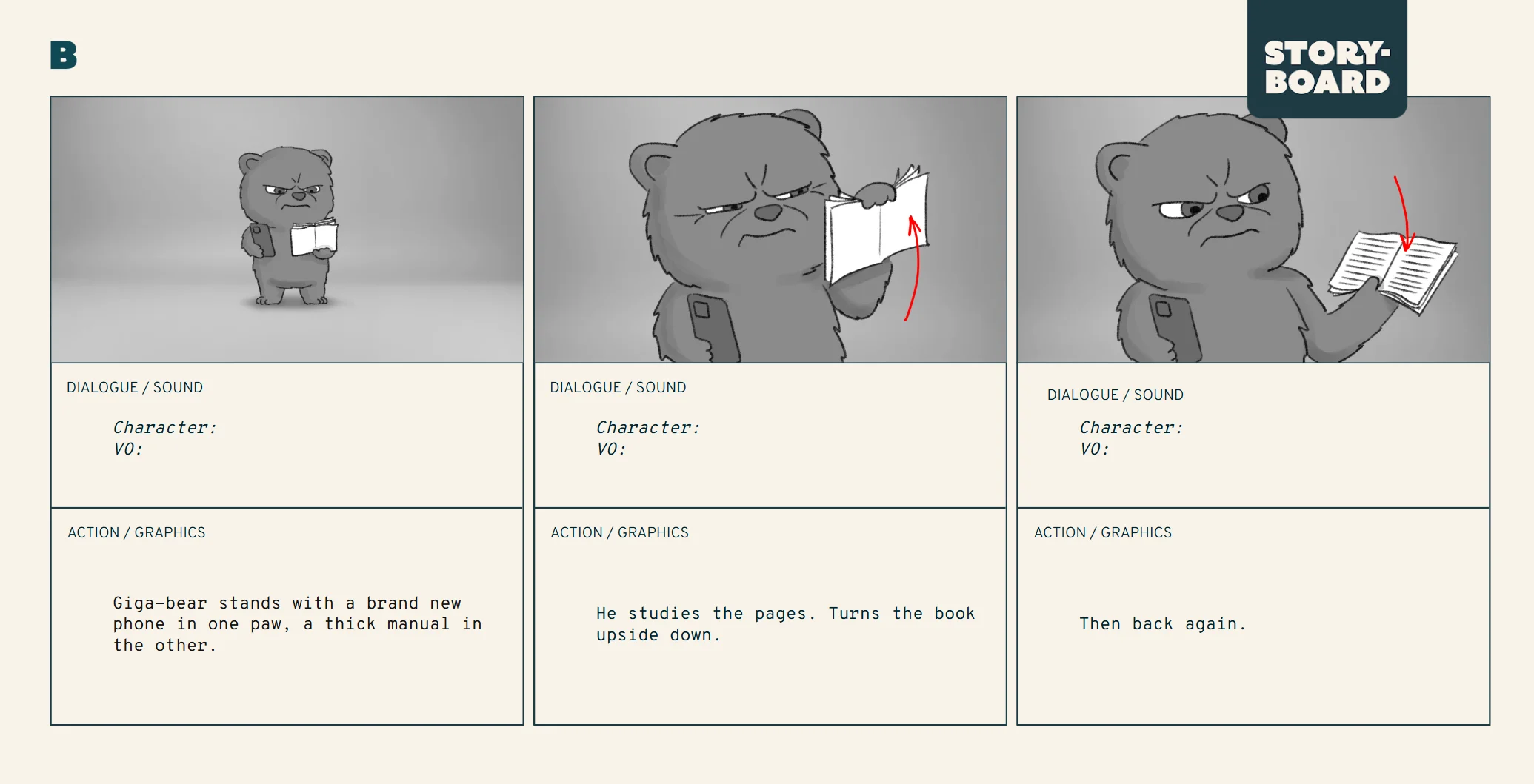 Storyboard panels from the Giga Bear Character Animation production.