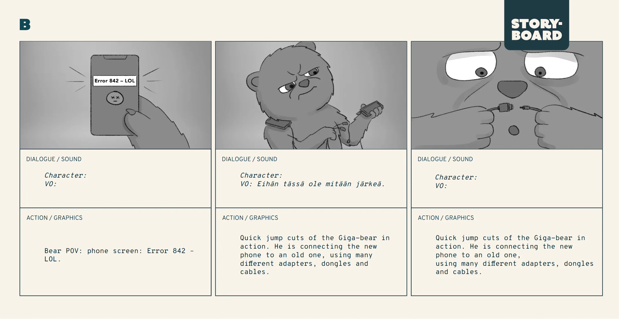 Storyboard panels from the Giga Bear Character Animation production.