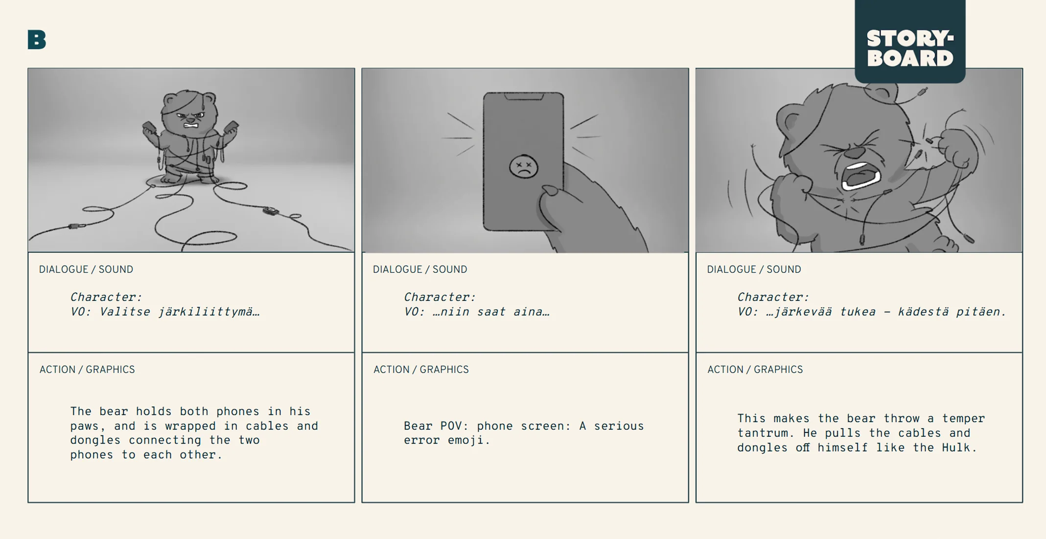 Storyboard panels from the Giga Bear Character Animation production.