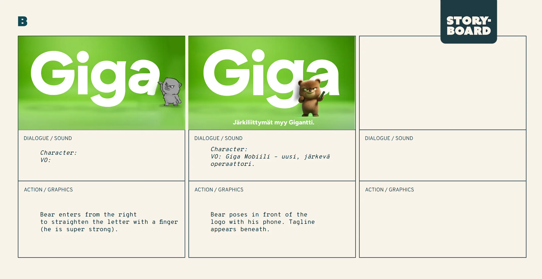 Storyboard panels from the Giga Bear Character Animation production.