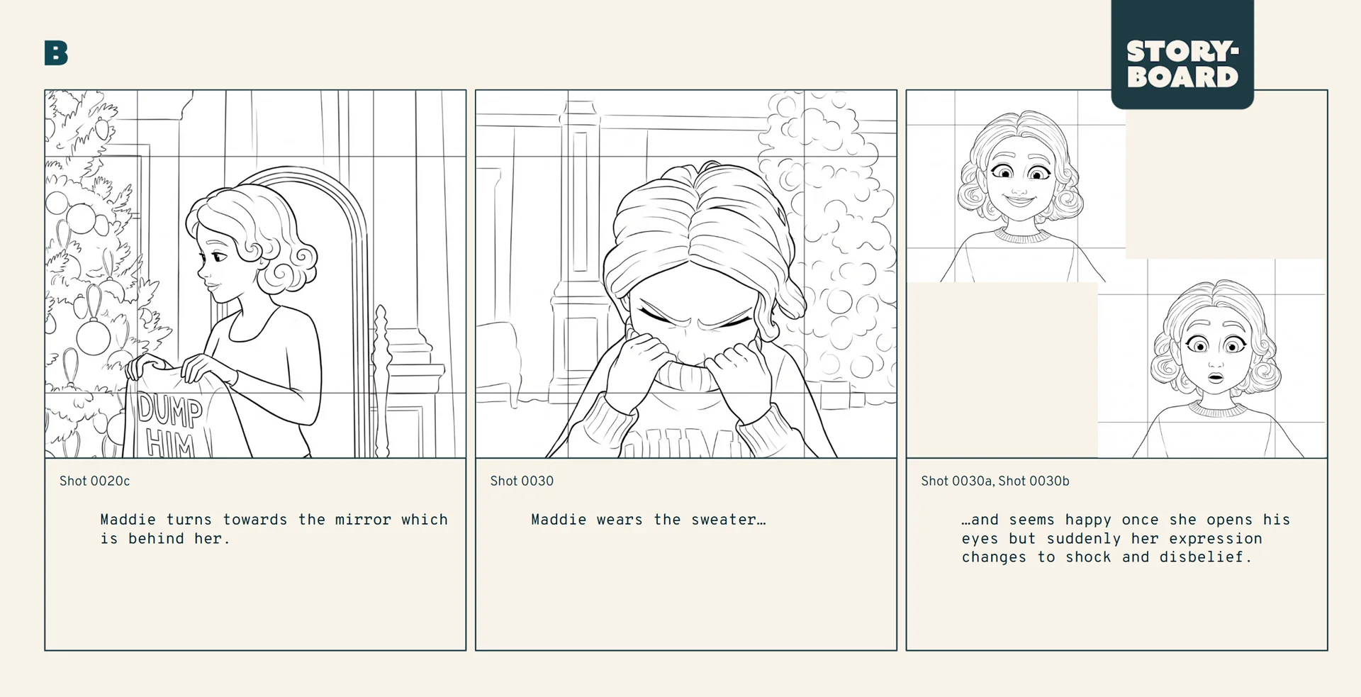 A set of storyboard images from the Brink Helsinki case study: Character Animation for Game Marketing - Merge Mansion Dump Him user acquisition animation.