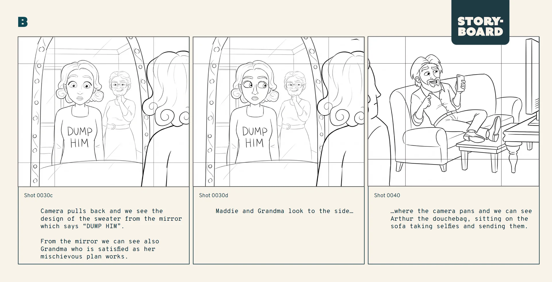 A set of storyboard images from the Brink Helsinki case study: Character Animation for Game Marketing - Merge Mansion Dump Him user acquisition animation.