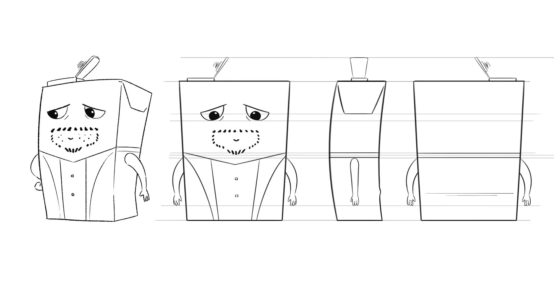A character design sheet showing turns from a character designed by Brink Helsinki for SOK S-Market Uutuudet character animation production - a 3D animated commercial for S-Market Uutuus products