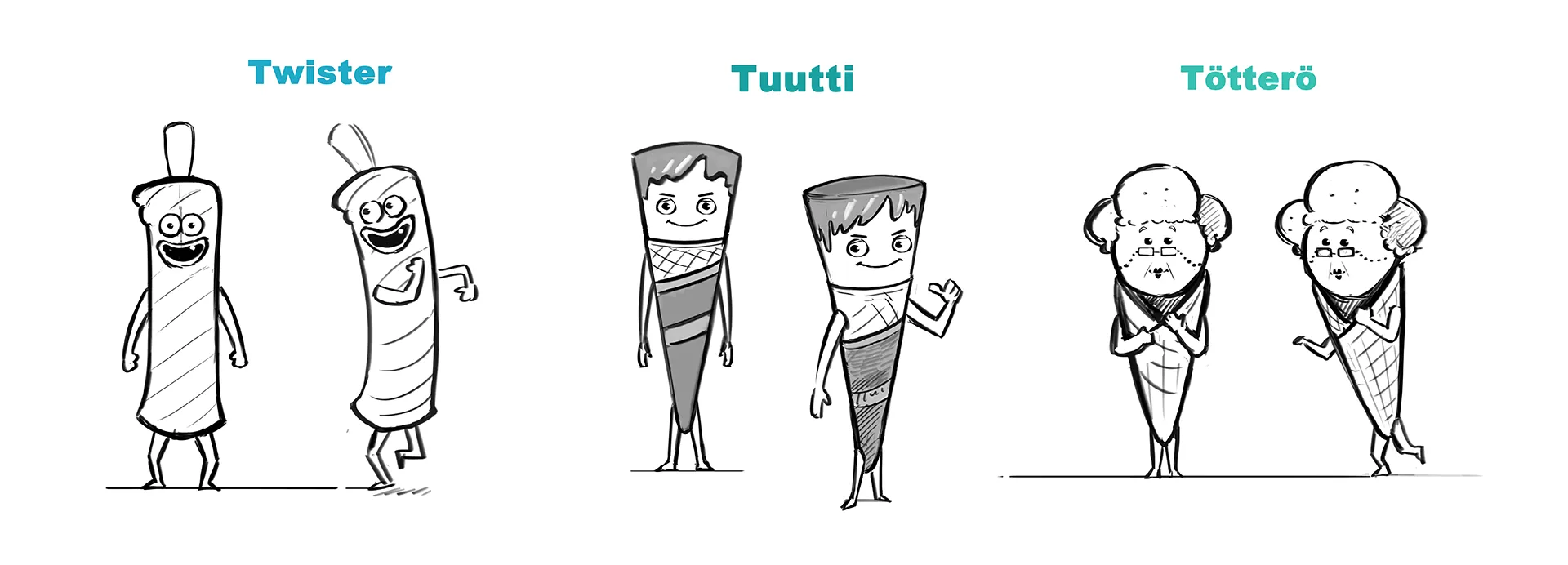 A character desing lineup image made for the animated commercial for SOK S-Market Uutuusjuomat. The lineup image shows all five characters of the Uutuusjuomat 3D animated commercial.