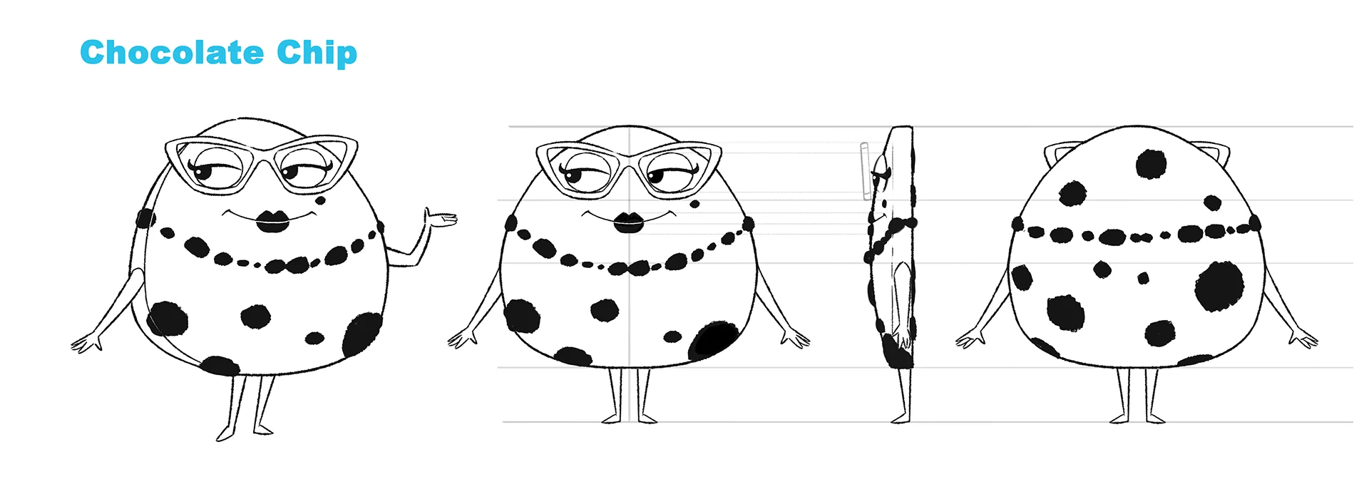 A character design sheet from a 3D character animation case study by Brink Helsinki, a commercial made for SOK S-Market Uutuudet