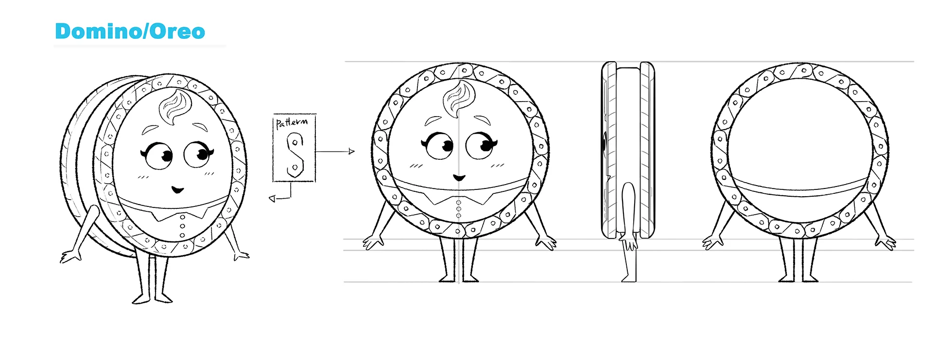 A character design sheet from a 3D character animation case study by Brink Helsinki, a commercial made for SOK S-Market Uutuudet