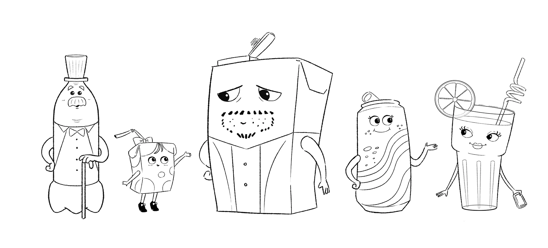A character desing lineup image made for the animated commercial for SOK S-Market Uutuusjuomat. The lineup image shows all five characters of the Uutuusjuomat 3D animated commercial.