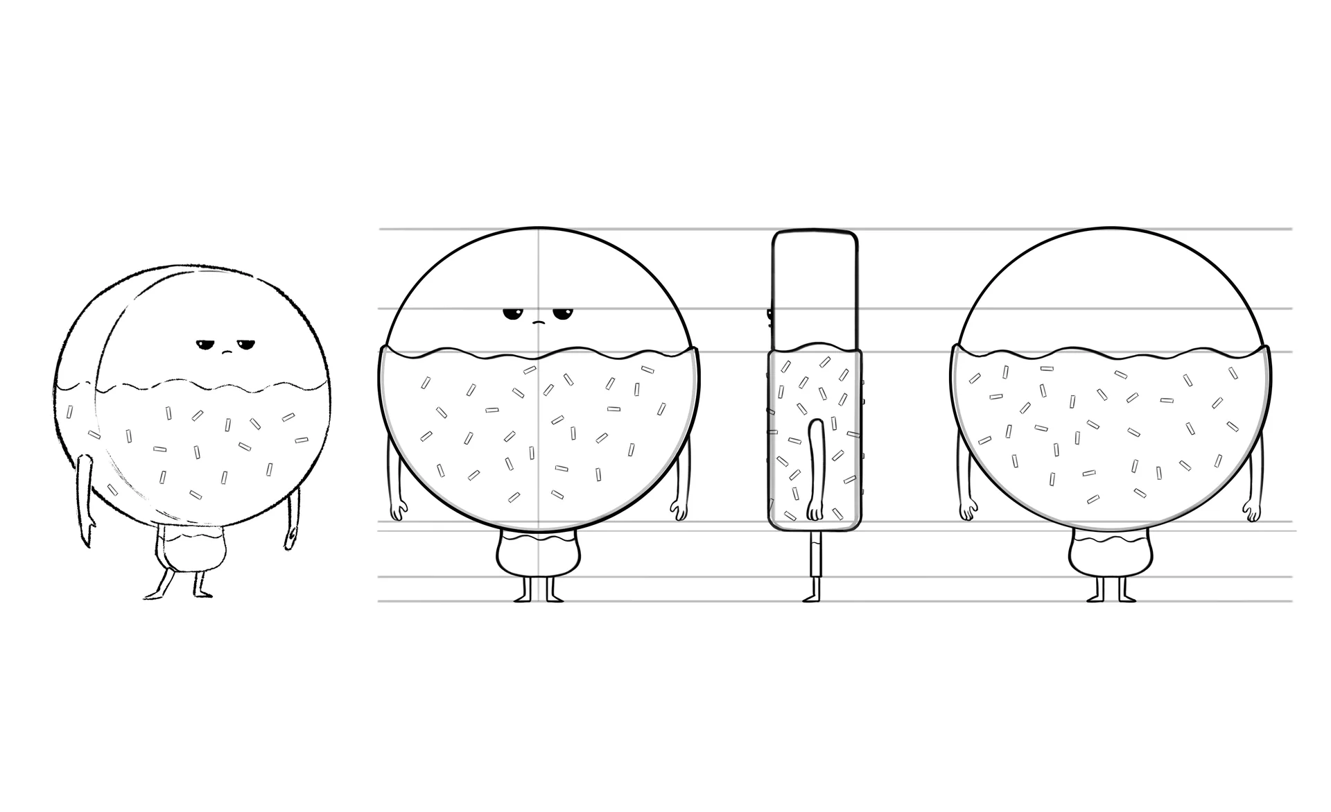 A character design sheet showing turns from a character designed by Brink Helsinki for SOK S-Market Uutuudet character animation production - a 3D animated commercial for S-Market Uutuus products