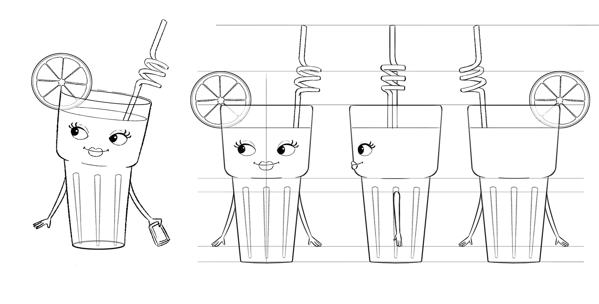 A character design sheet showing turns from a character designed by Brink Helsinki for SOK S-Market Uutuudet character animation production - a 3D animated commercial for S-Market Uutuus products