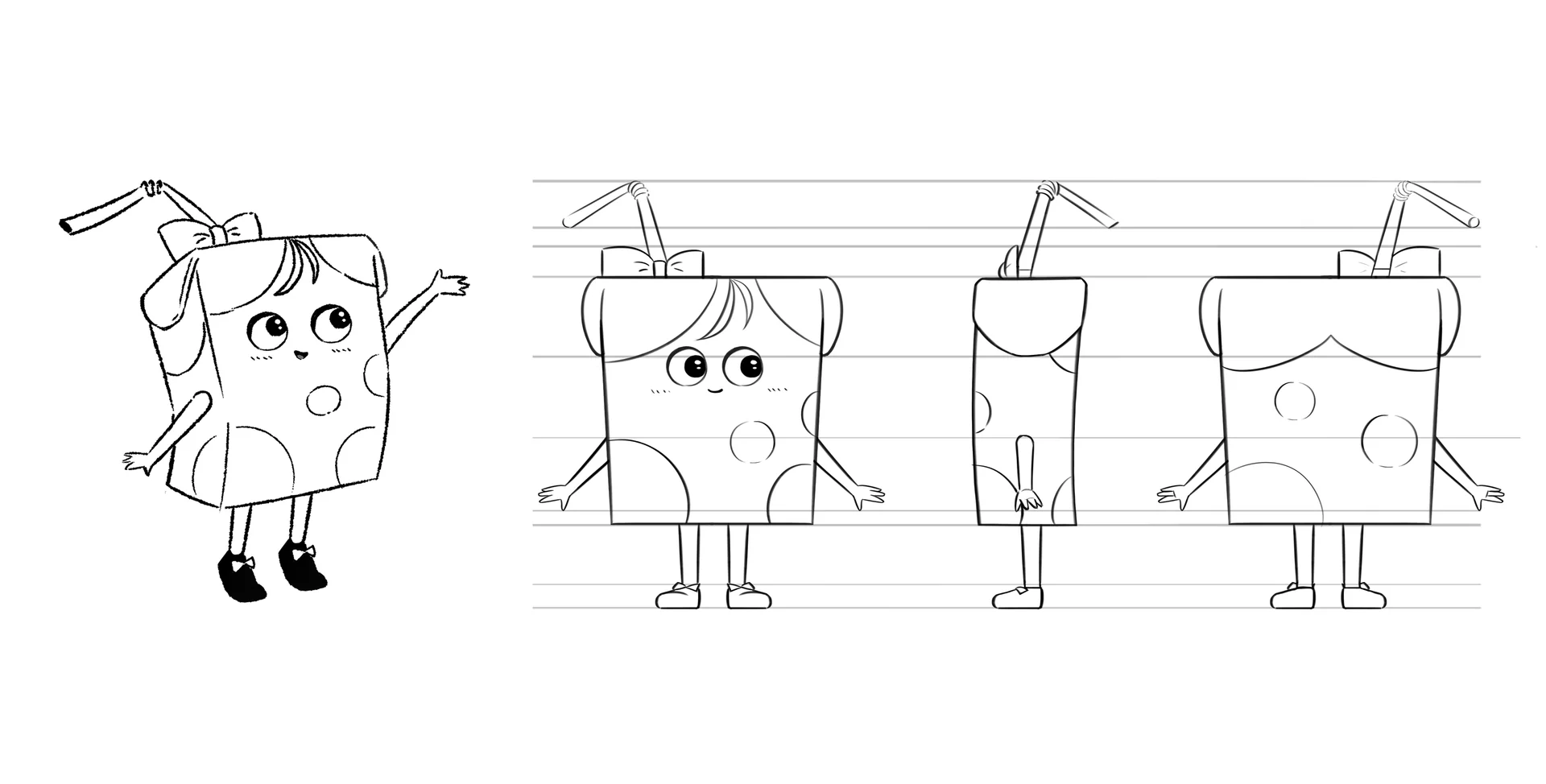 A character design sheet showing turns from a character designed by Brink Helsinki for SOK S-Market Uutuudet character animation production - a 3D animated commercial for S-Market Uutuus products