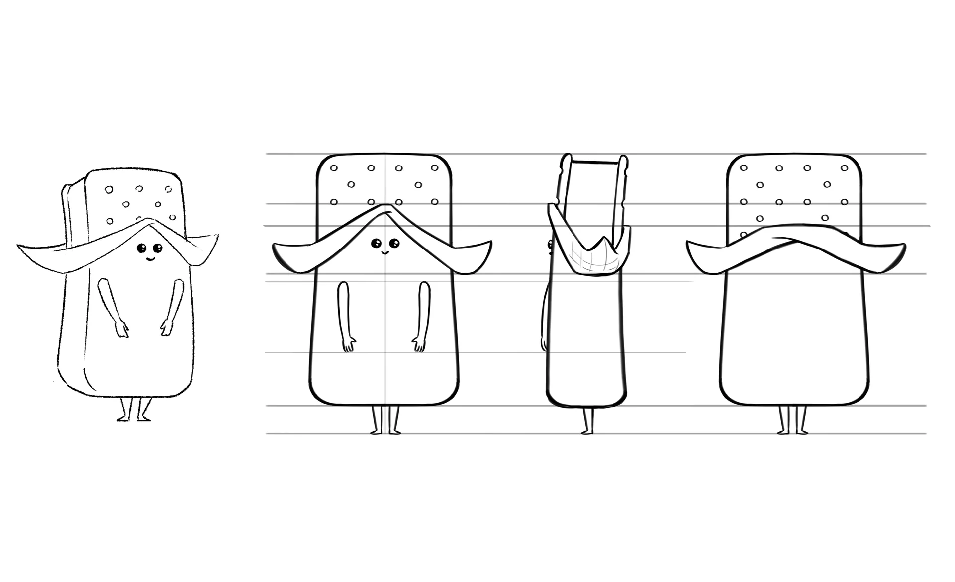 A character design sheet showing turns from a character designed by Brink Helsinki for SOK S-Market Uutuudet character animation production - a 3D animated commercial for S-Market Uutuus products