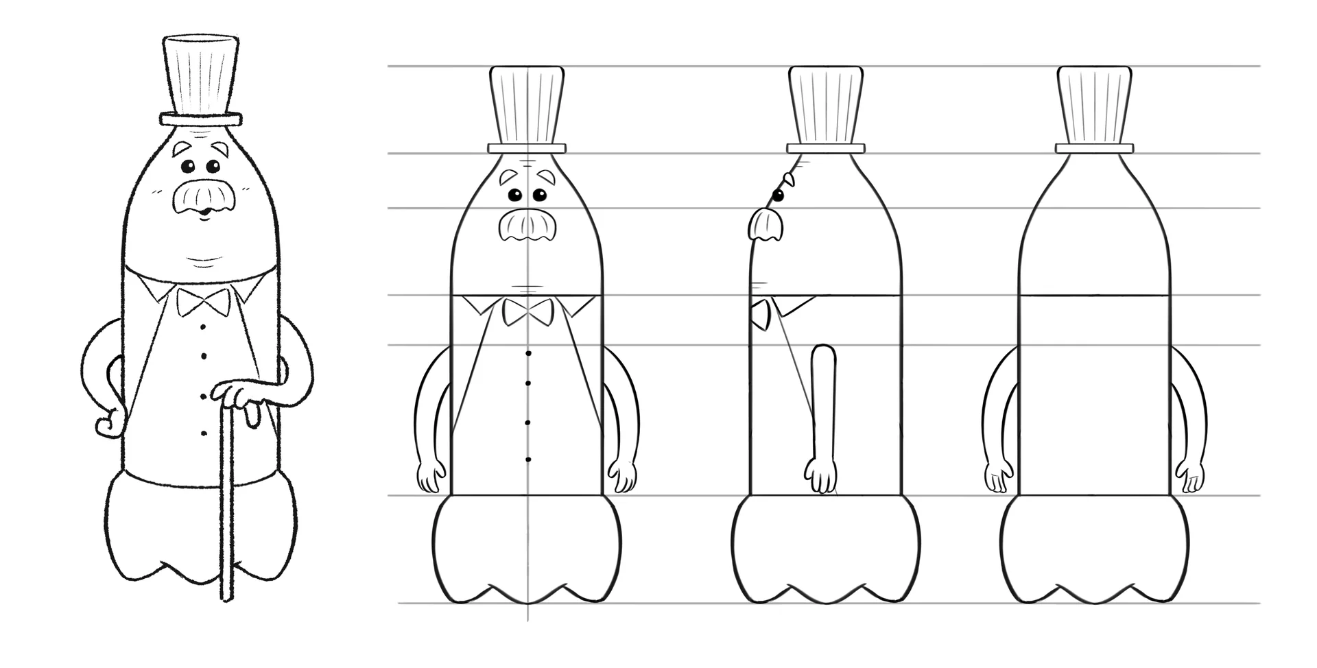 A character design sheet showing turns from a character designed by Brink Helsinki for SOK S-Market Uutuudet character animation production - a 3D animated commercial for S-Market Uutuus products