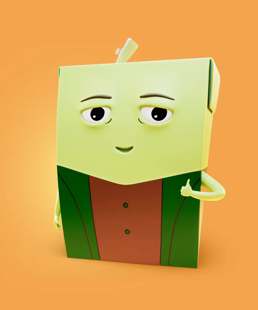 High Resolution still image from one of the characters in the SOK S-Market campaign for Uutuustuotteet. The image is used in a case study by Brink Helsinki - Character Animation for Consumer Products