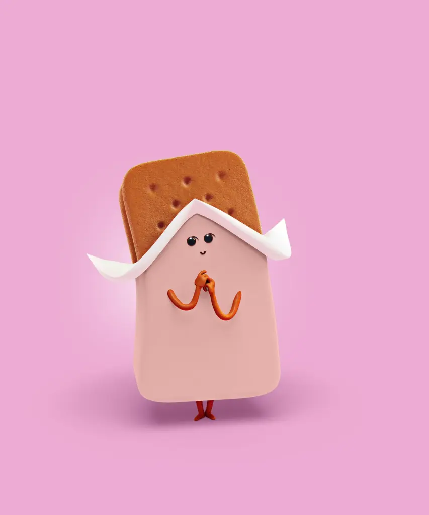 High Resolution still image from one of the characters in the SOK S-Market campaign for Uutuustuotteet. The image is used in a case study by Brink Helsinki - Character Animation for Consumer Products