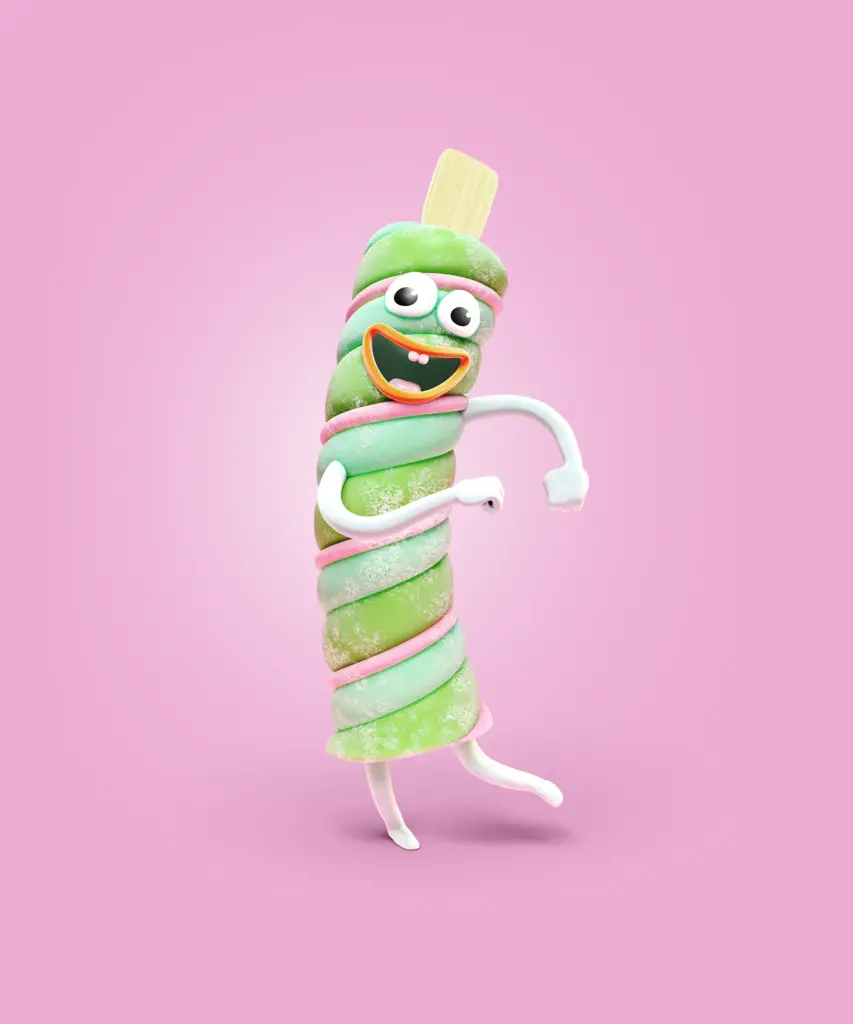 High Resolution still image from one of the characters in the SOK S-Market campaign for Uutuustuotteet. The image is used in a case study by Brink Helsinki - Character Animation for Consumer Products