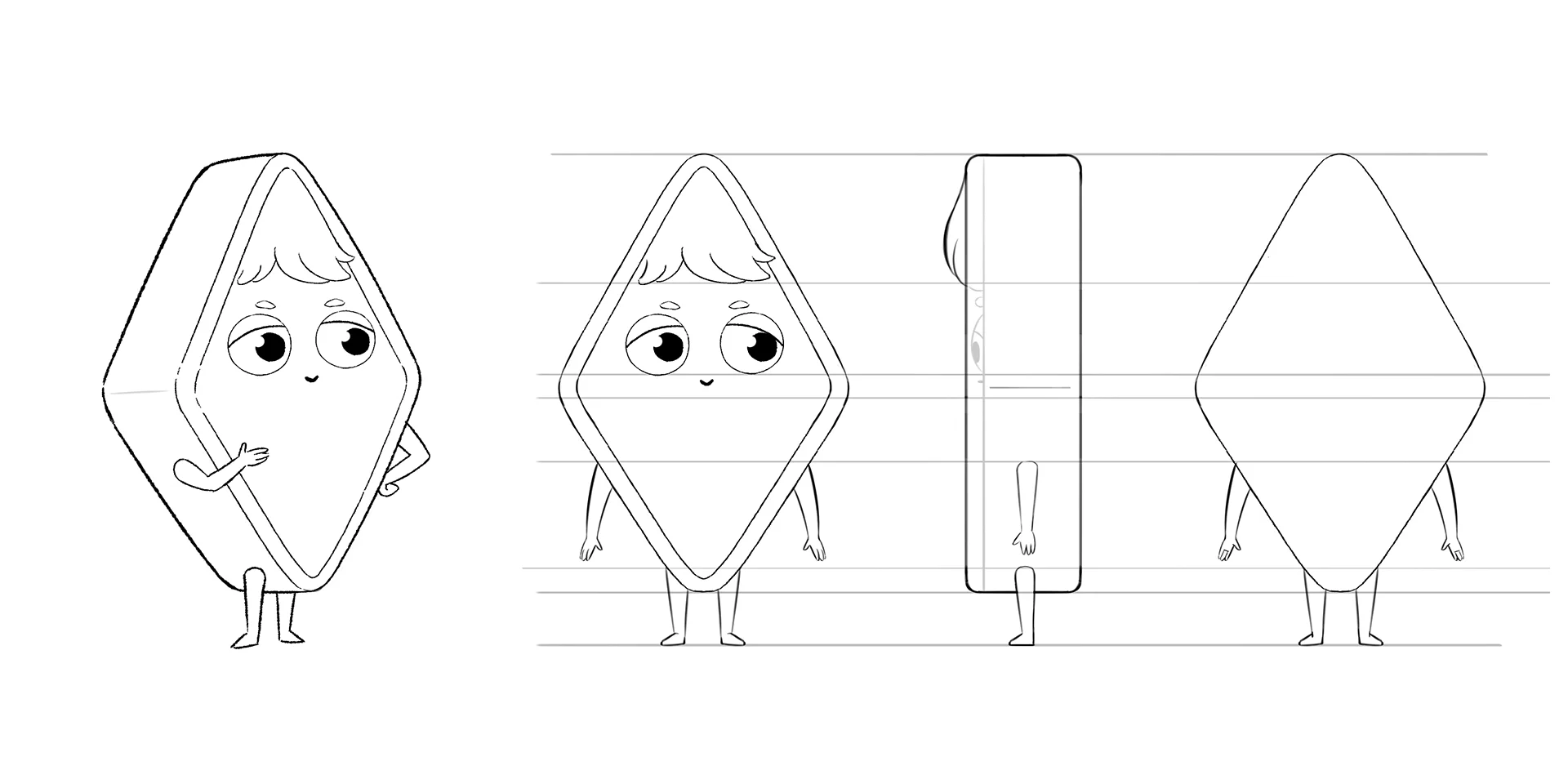 A character design sheet showing turns from a character designed by Brink Helsinki for SOK S-Market Uutuudet character animation production - a 3D animated commercial for S-Market Uutuus products