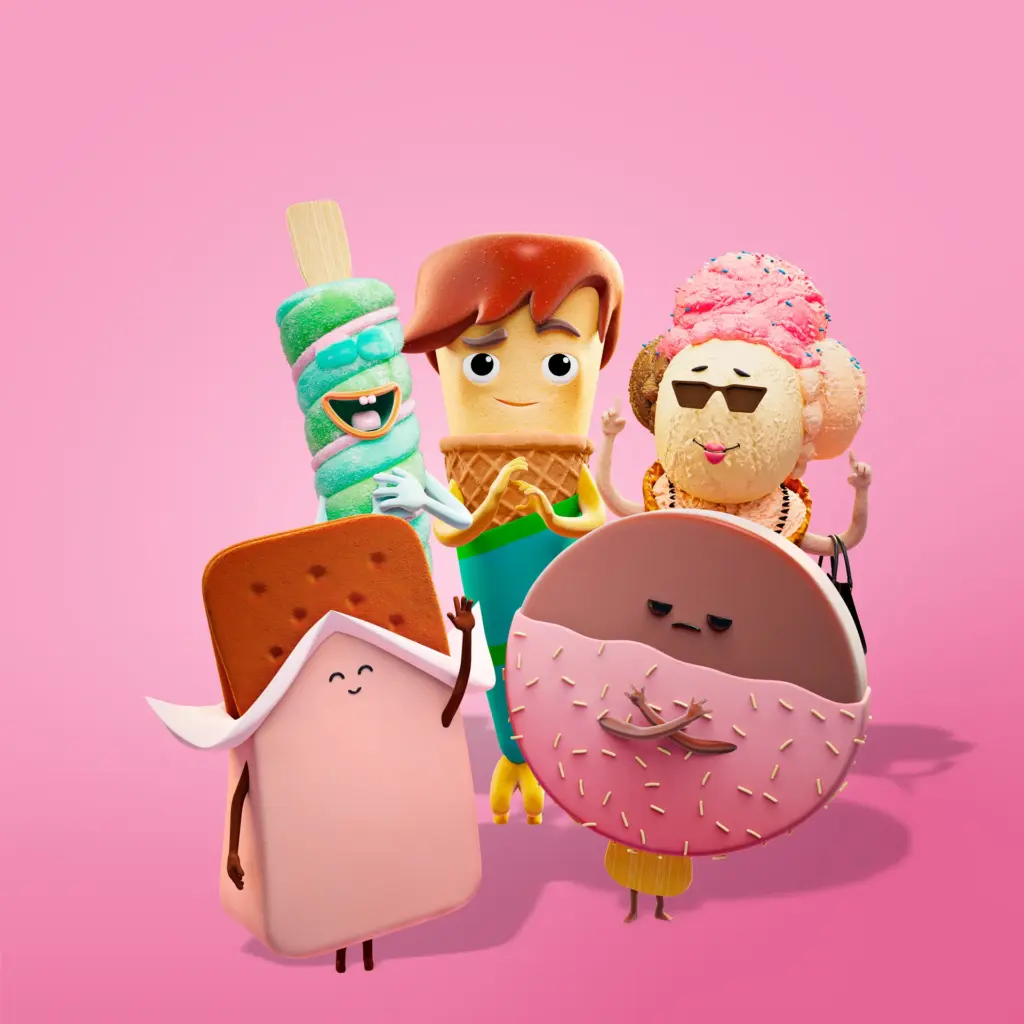 OOH Print image from the Brink Helsinki Case Study: Character Animation for Consumer Products. This is a high resolution render of a group of characters made for the production for SOK / S-Market Uutuudet.