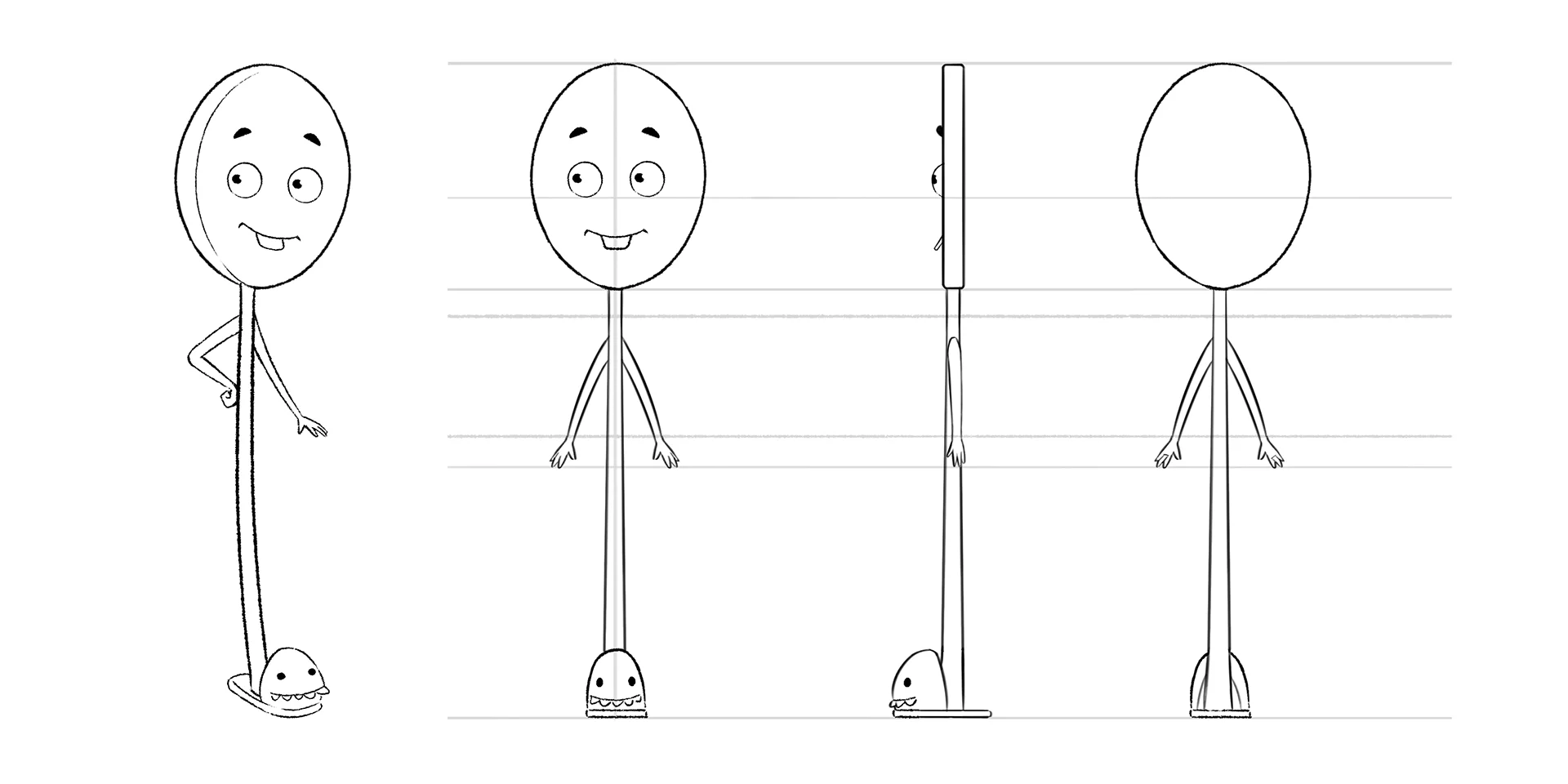 A character design sheet showing turns from a character designed by Brink Helsinki for SOK S-Market Uutuudet character animation production - a 3D animated commercial for S-Market Uutuus products