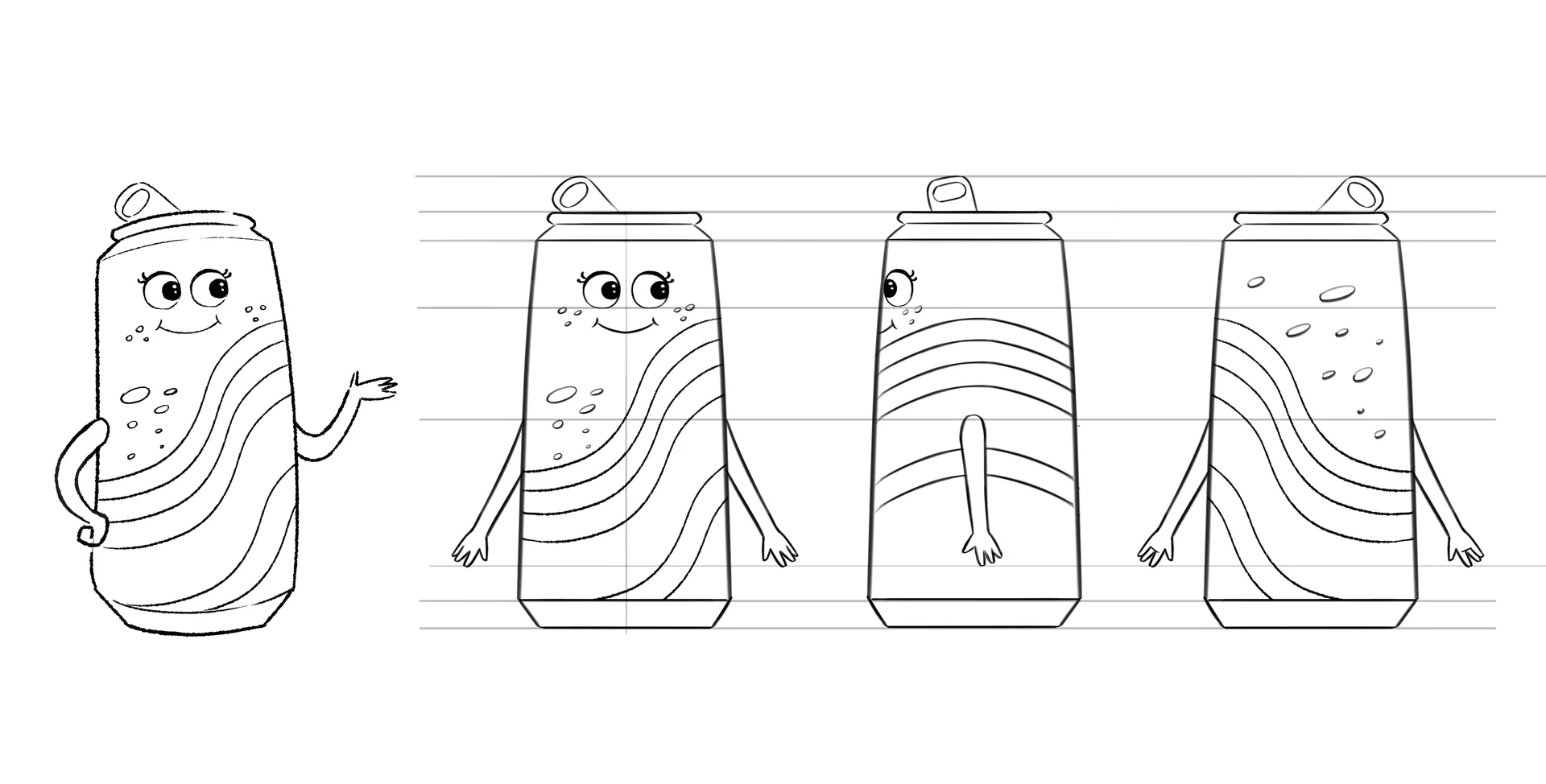 A character design sheet showing turns from a character designed by Brink Helsinki for SOK S-Market Uutuudet character animation production - a 3D animated commercial for S-Market Uutuus products