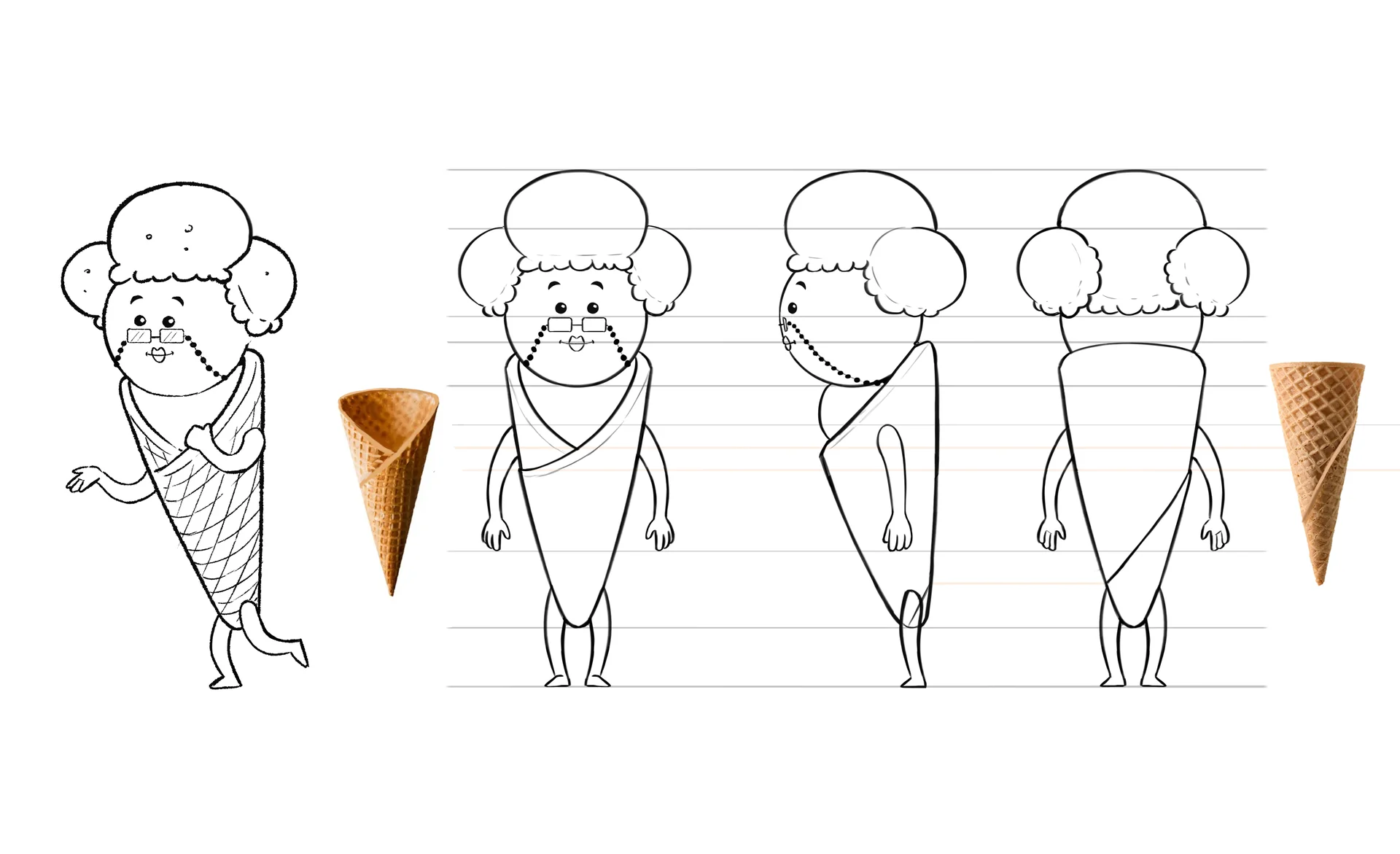 A character design sheet showing turns from a character designed by Brink Helsinki for SOK S-Market Uutuudet character animation production - a 3D animated commercial for S-Market Uutuus products