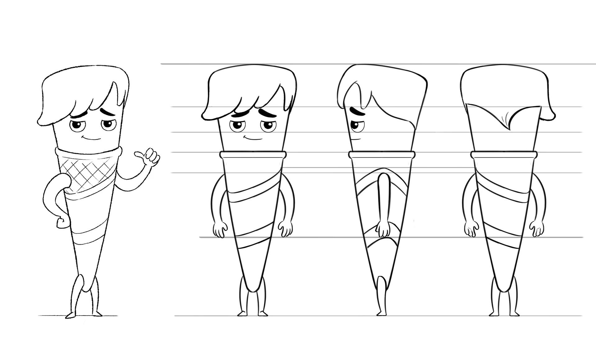 A character design sheet showing turns from a character designed by Brink Helsinki for SOK S-Market Uutuudet character animation production - a 3D animated commercial for S-Market Uutuus products