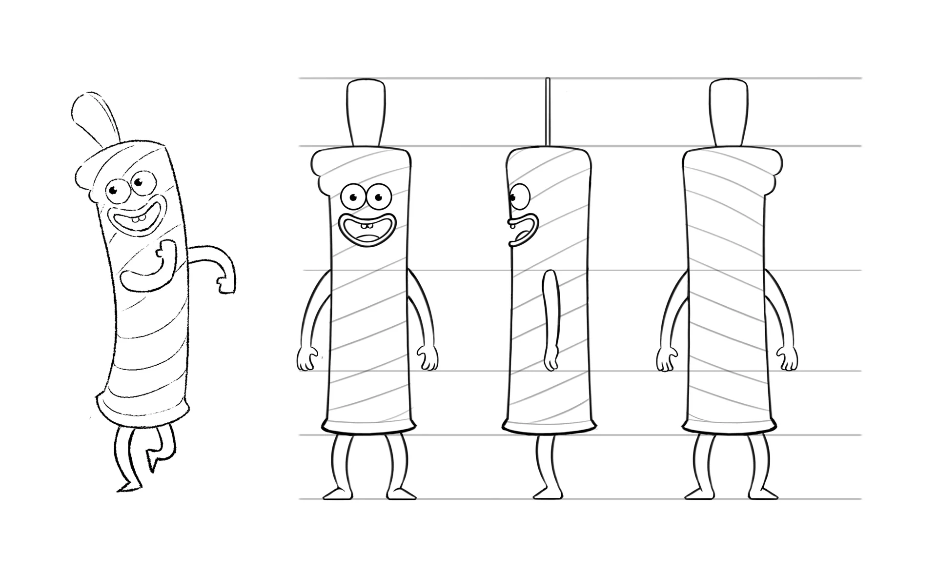A character design sheet showing turns from a character designed by Brink Helsinki for SOK S-Market Uutuudet character animation production - a 3D animated commercial for S-Market Uutuus products
