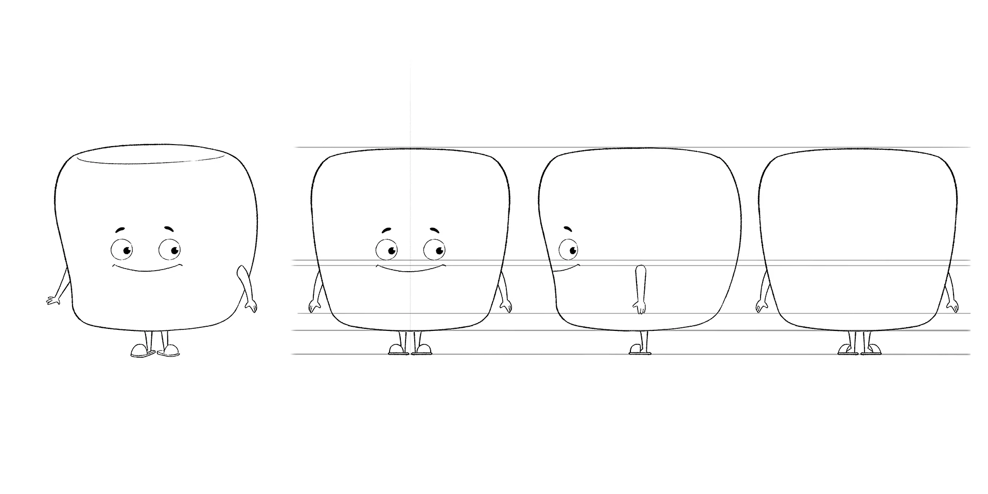 A character design sheet showing turns from a character designed by Brink Helsinki for SOK S-Market Uutuudet character animation production - a 3D animated commercial for S-Market Uutuus products