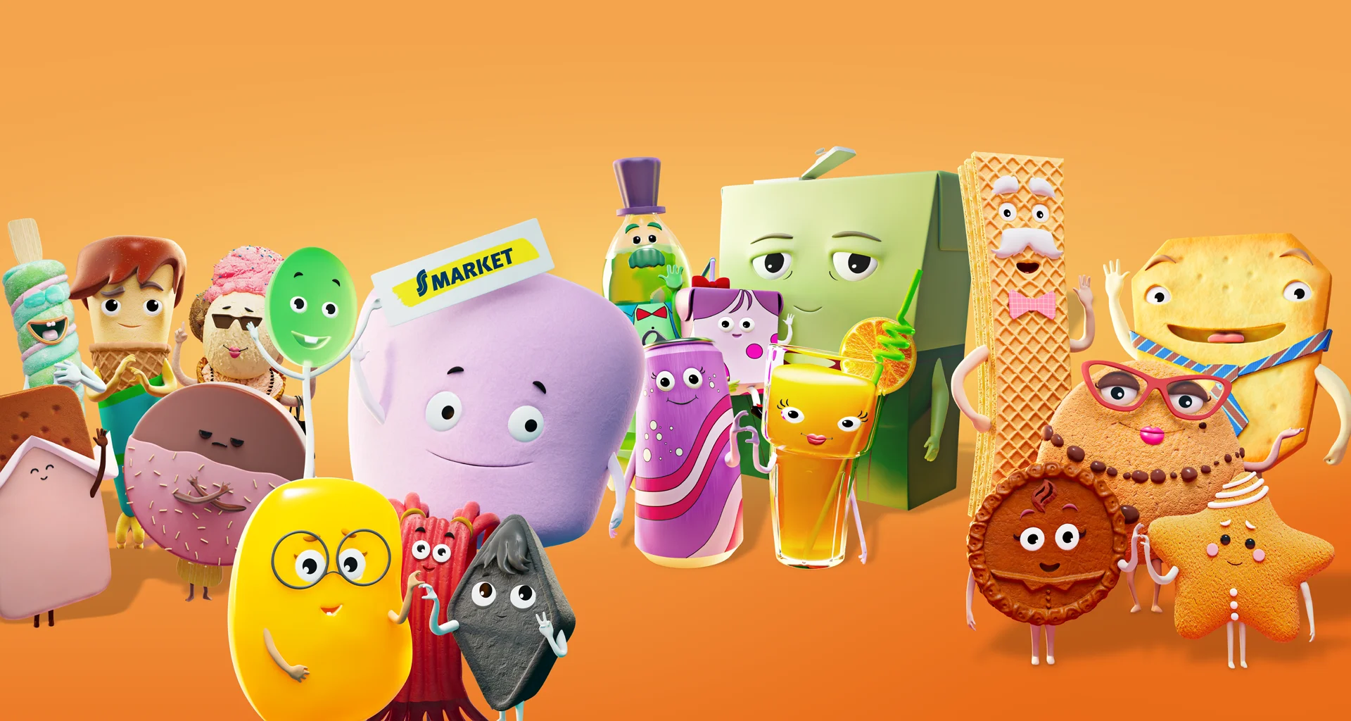 Character Animation For Consumer Products - A character lineup image from a case study by Brink Helsinki, made for SOK S-Market New Products campaign