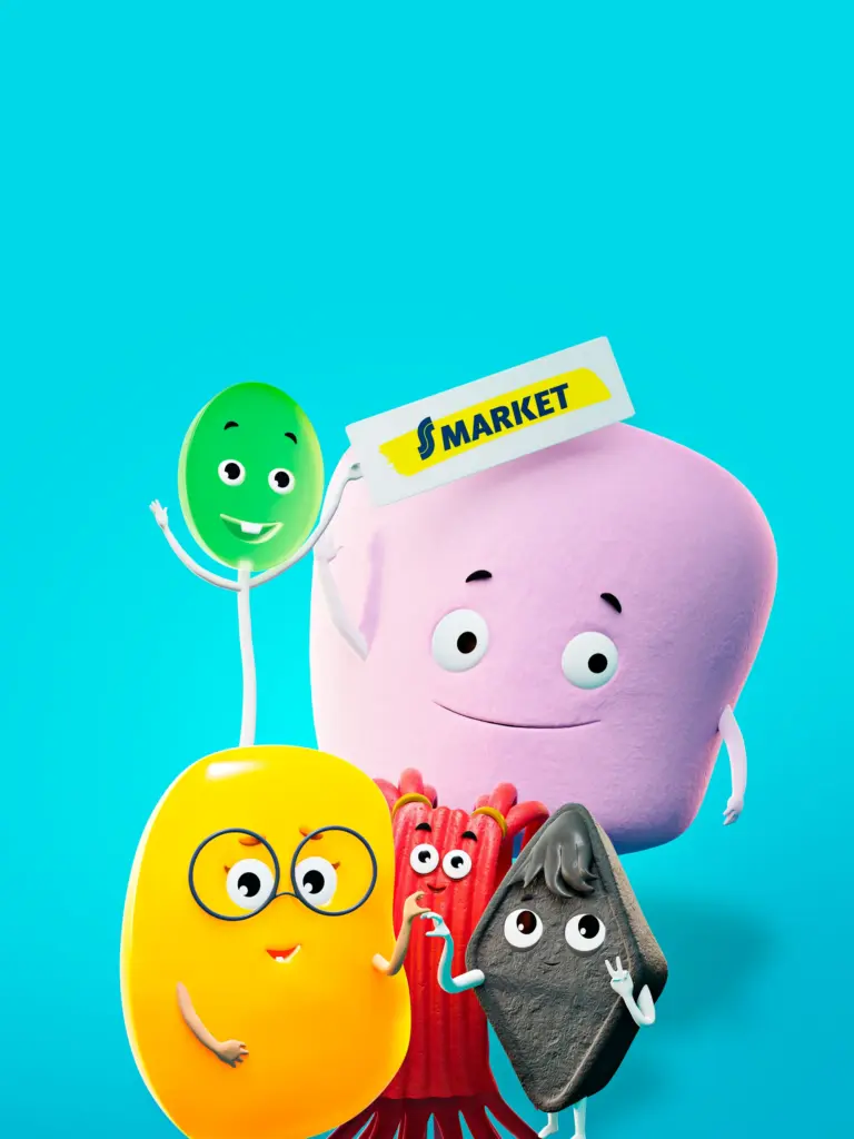 OOH Print image from the Brink Helsinki Case Study: Character Animation for Consumer Products. This is a high resolution render of a group of characters made for the production for SOK / S-Market Uutuudet.