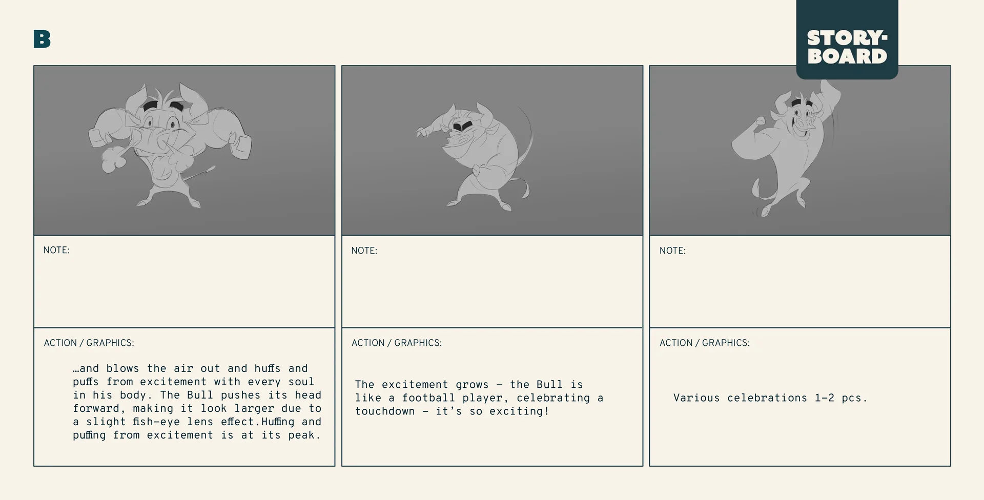 Storyboard page 2 of 3 for the bull character in the 3D character animation production we made for DNA: the bull huffs and puffs with excitement and celebrates like a football player.