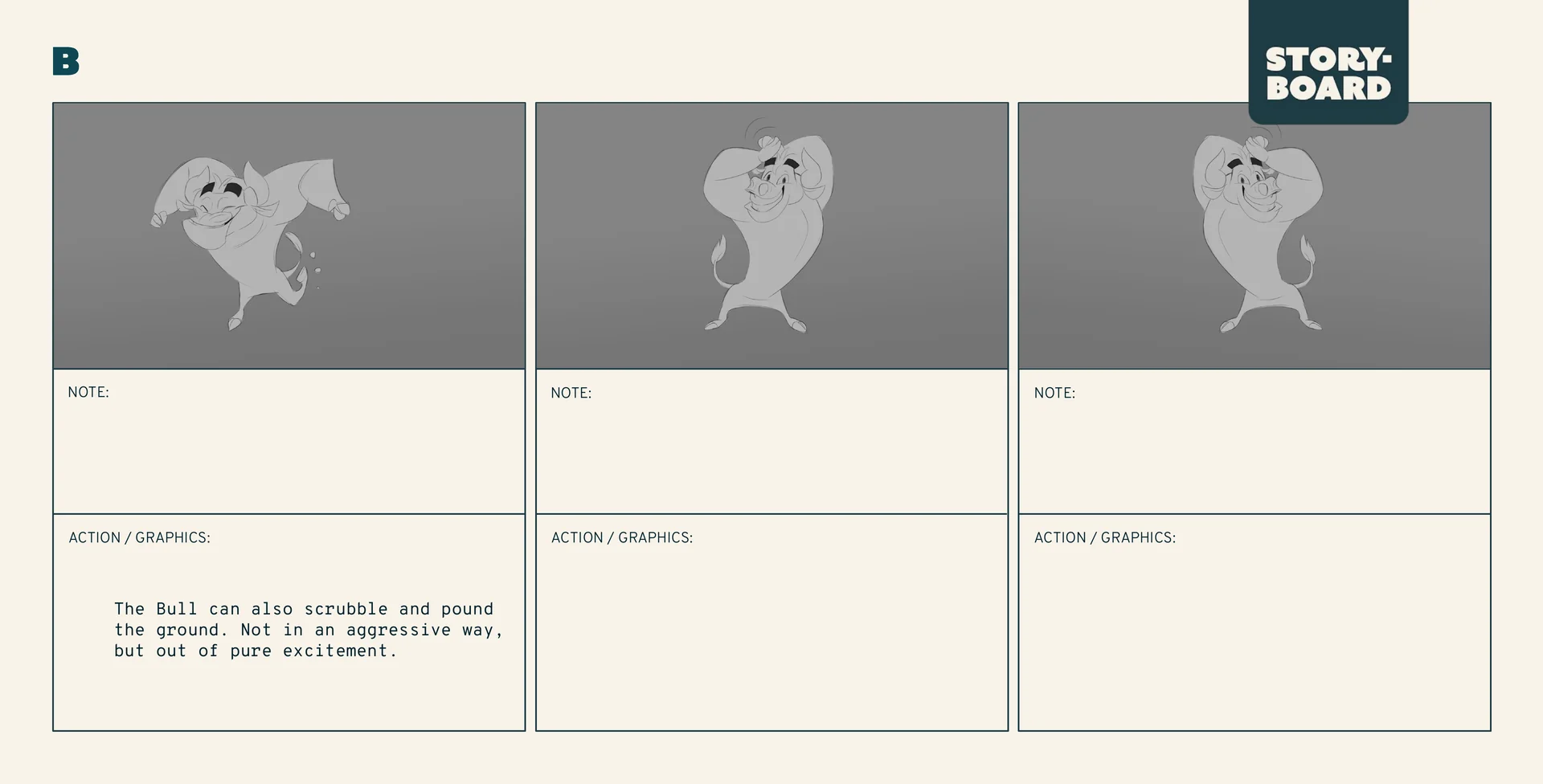 Storyboard page 3 of 3 for the bull character in the 3D character animation production we made for DNA: the bull scrabbles and pounds the ground out of pure excitement.