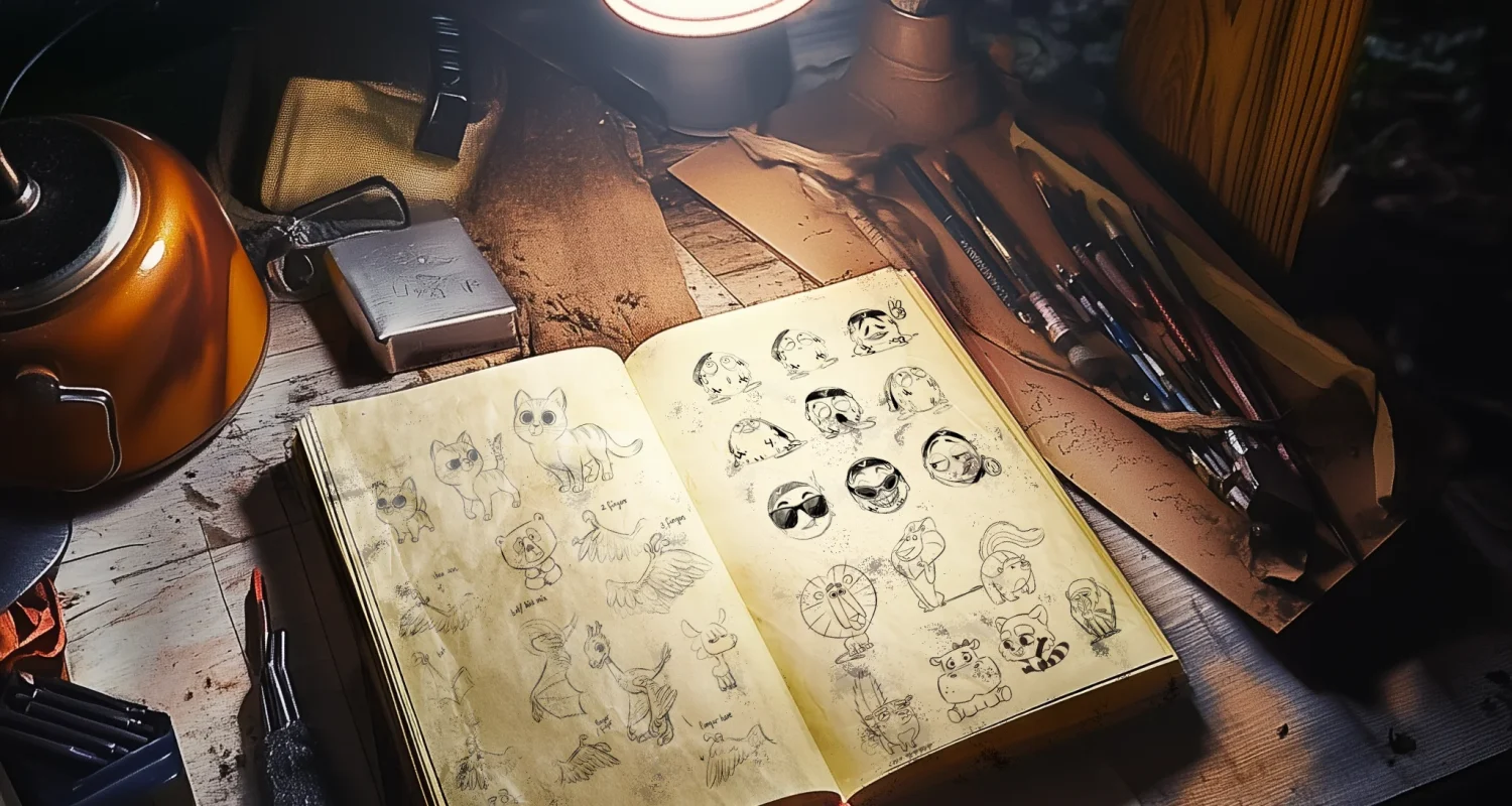 Featured image from the Brink Helsinki Blog Post: Character Design for Animation. In the image, there is an old an rugged table with a notebook full of character design drawings.