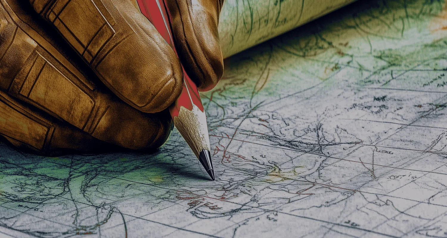 A featured image for the blog post: Drafting Your Story. In the image, a leather gloved hand is holding a pencil above a map.