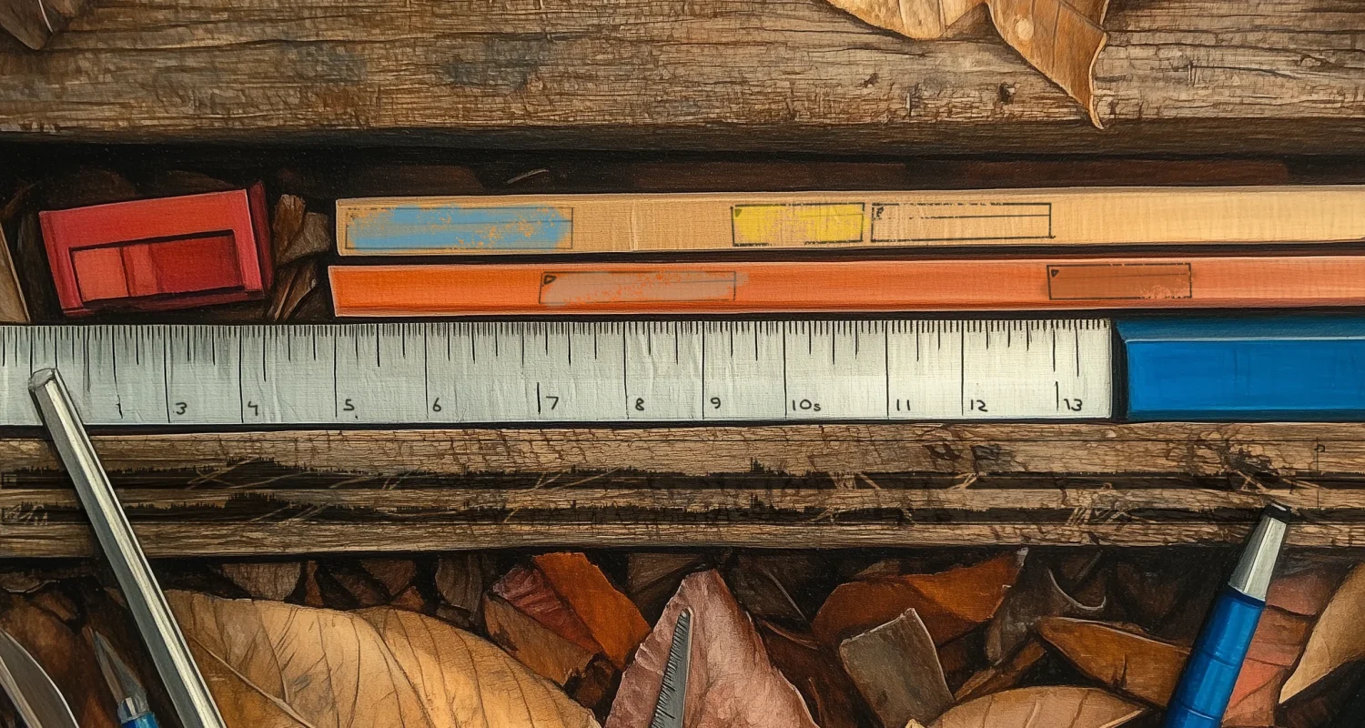 A featured image from the Brink Helsinki Blog Post: Editing in Animation. In the image there is a set of pens, rulers and sticks on a autumn forest floor, representing an editing timeline.