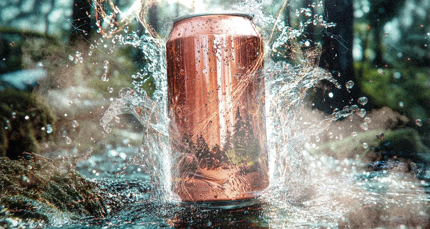 Featured image from the Brink Helsinki blog post: Effects Animation. In the image, there is a forest themed beverage can, that is close to a forest floor, with a water splash, sparks, smoke and magical light surrounding it.
