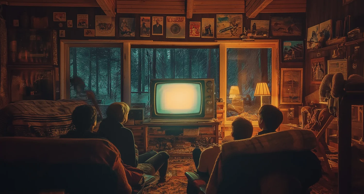 An image of a family in a cozy cottage, watching television. Featured image for the blog post Genre in Scriptwriting.