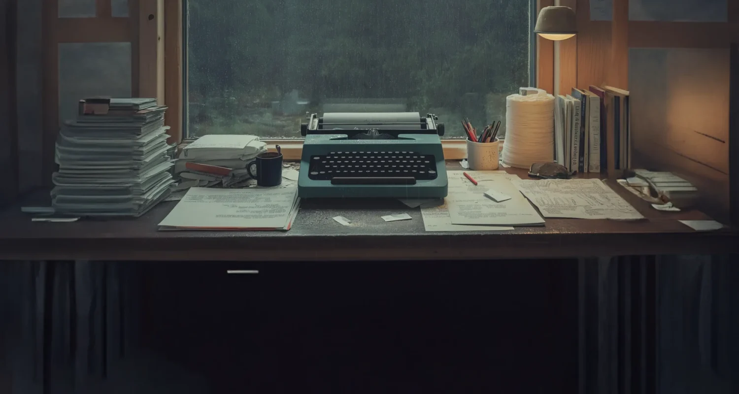 A moody POV view of a typewriter in front of a cottage window. A good place to start getting comfortable with introduction to screenwriting.