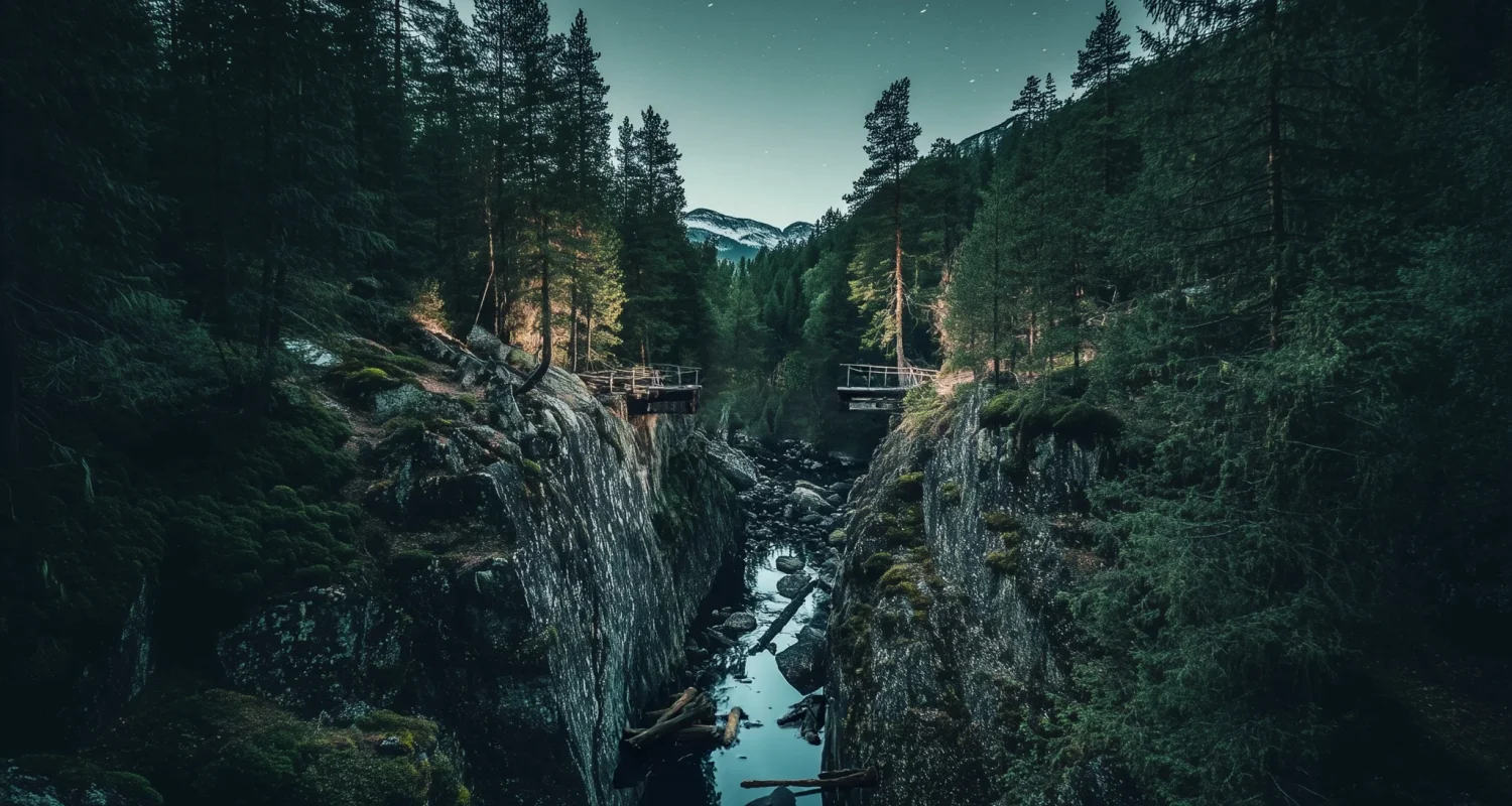 A featured image from the Brink Helsinki Blog post: Setting Obstacles in Screenwriting. In the image, there is a small gorge, with a broken bridge over it.