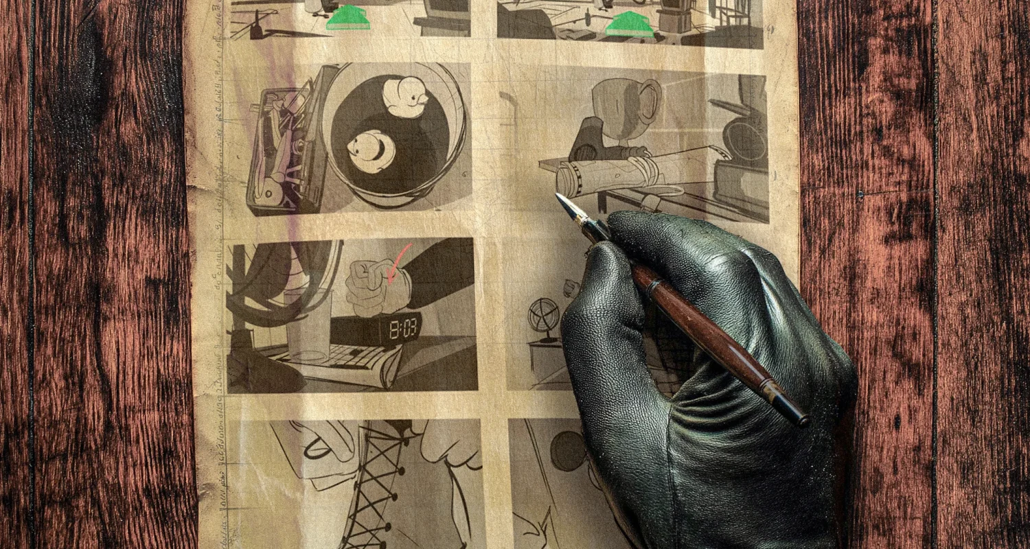 featured image for the Brink Helsinki Blog Post: Storyboarding Animation. In the image, a leather gloved hand is giving finishing touches to a storyboard page.