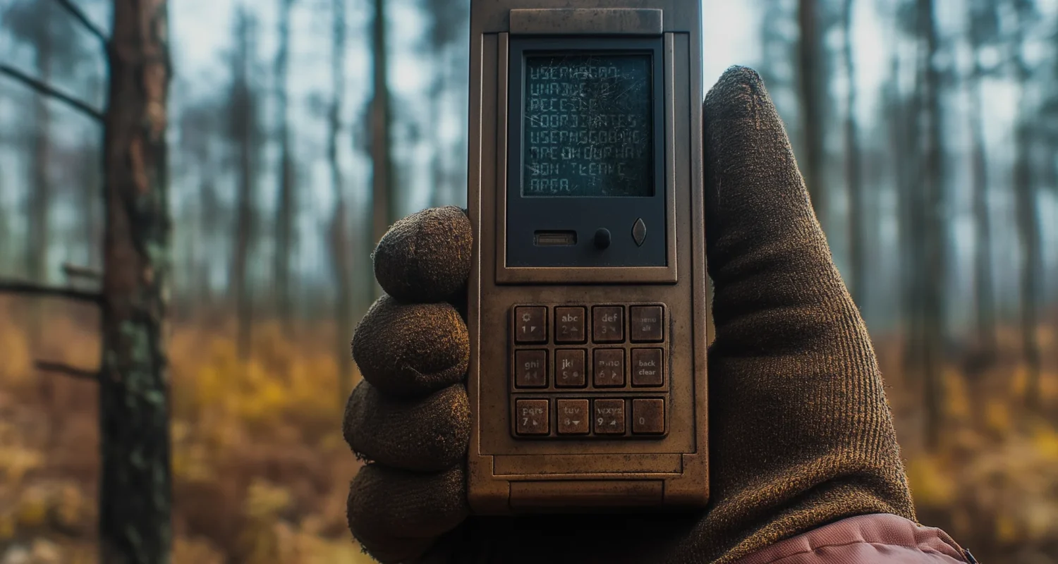 A featured image from the blog post "Writing Great Dialogue" in the image, a person in the woods is holding a communications device.