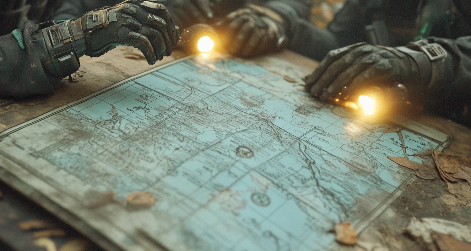 Featured image for a blog post titled Writing in Format. There is a map in the image with characters with small flashlights studying it.